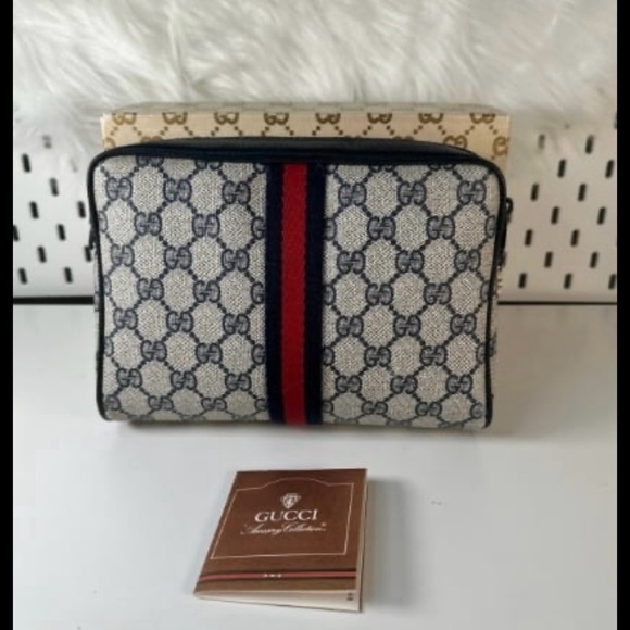 Gucci Handbags - Vintage Gucci Blue GG Canvas Pouch with Red Web Stripe